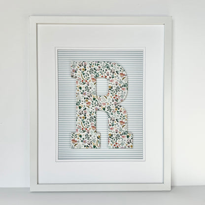 Framed Floral Initial- Bramble Fields on Blue Stripe, 18x22 Frame
