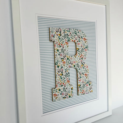 Framed Floral Initial- Bramble Fields on Blue Stripe, 18x22 Frame