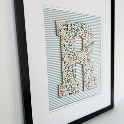Framed Floral Initial- Bramble Fields on Blue Stripe, 18x22 Frame