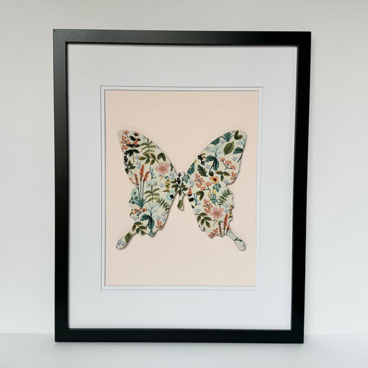 Framed Floral Butterfly, Herb Garden on Pale Pink, 18x22 Frame