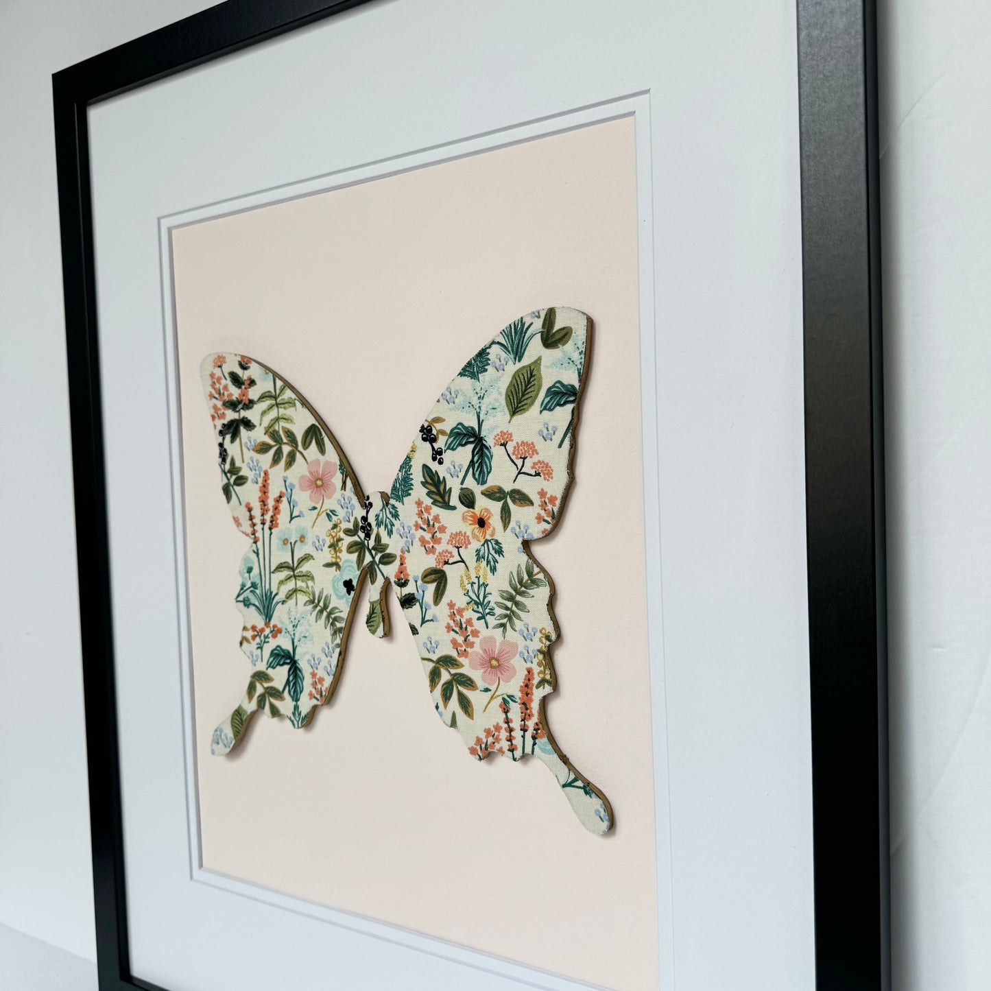 Framed Floral Butterfly, Herb Garden on Pale Pink, 18x22 Frame